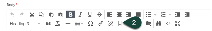 Step 2 for selecting the anchor link icon in the WYSIWYG toolbar